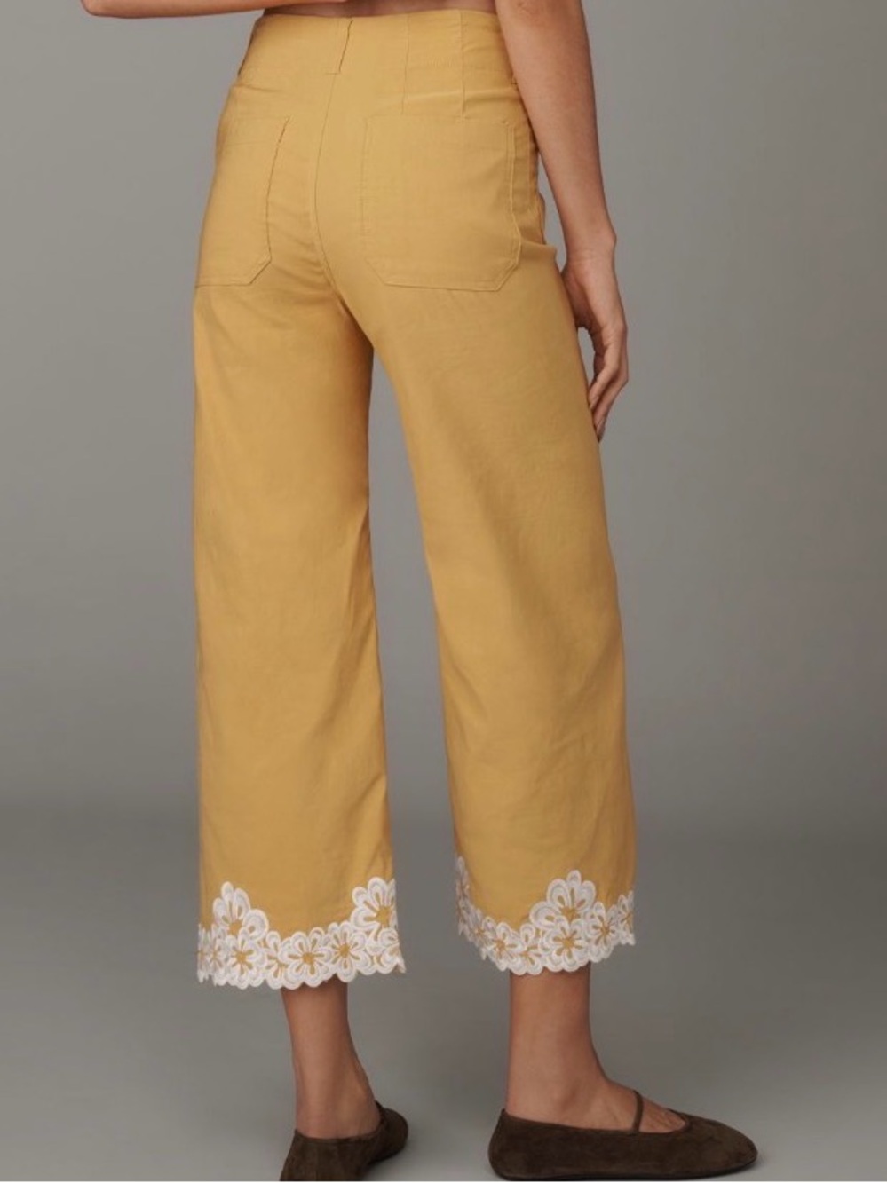 Anthropologie Maeve Colette yellow Wide-Leg Pants w/ White embroidery- size 27 - Picture 2 of 8